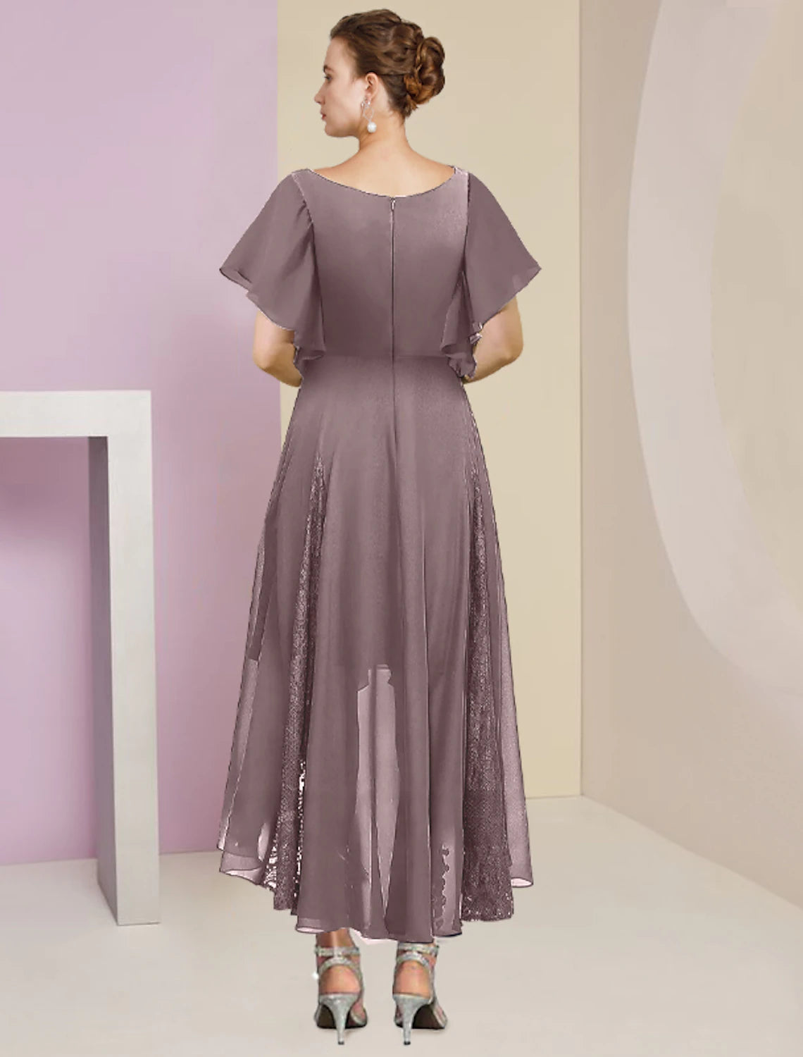 Wholesale  A-Line Mother of the Bride Dress Formal Wedding Guest Elegant V Neck Ankle Length Chiffon Lace Short Sleeve with Pleats Crystal Brooch